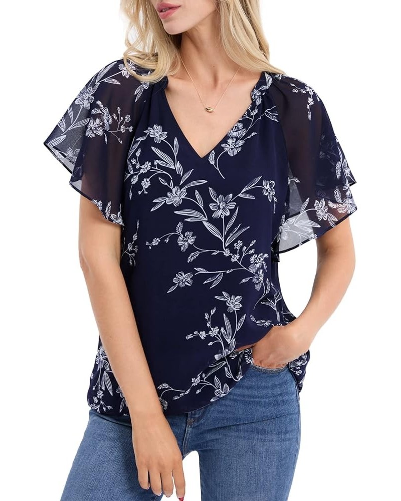 Women's Printed Flouncing Flared Short Sleeve Mesh Blouse Top Chiffon-blue Floral $10.19 Blouses