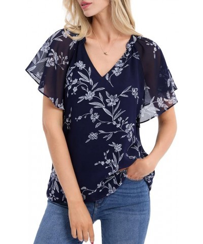 Women's Printed Flouncing Flared Short Sleeve Mesh Blouse Top Chiffon-blue Floral $10.19 Blouses