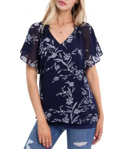 Women's Printed Flouncing Flared Short Sleeve Mesh Blouse Top Chiffon-blue Floral $10.19 Blouses