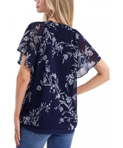 Women's Printed Flouncing Flared Short Sleeve Mesh Blouse Top Chiffon-blue Floral $10.19 Blouses