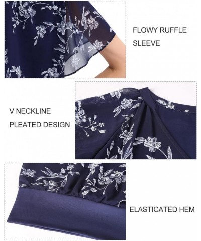 Women's Printed Flouncing Flared Short Sleeve Mesh Blouse Top Chiffon-blue Floral $10.19 Blouses