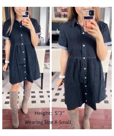 Women's Casual Short Sleeve Button Down Tiered Denim Babydoll Jean Dress Vintage Black $18.33 Dresses