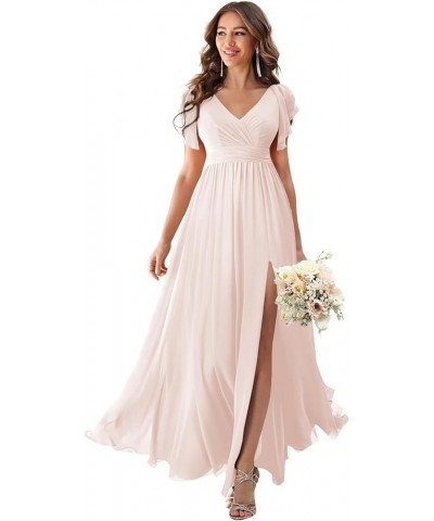 V Neck Flutter Sleeves Bridesmaid Dresses with Slit 2024 Chiffon Aline Pleats Formal Evening Gowns for Women YJ071 Blush Pink...