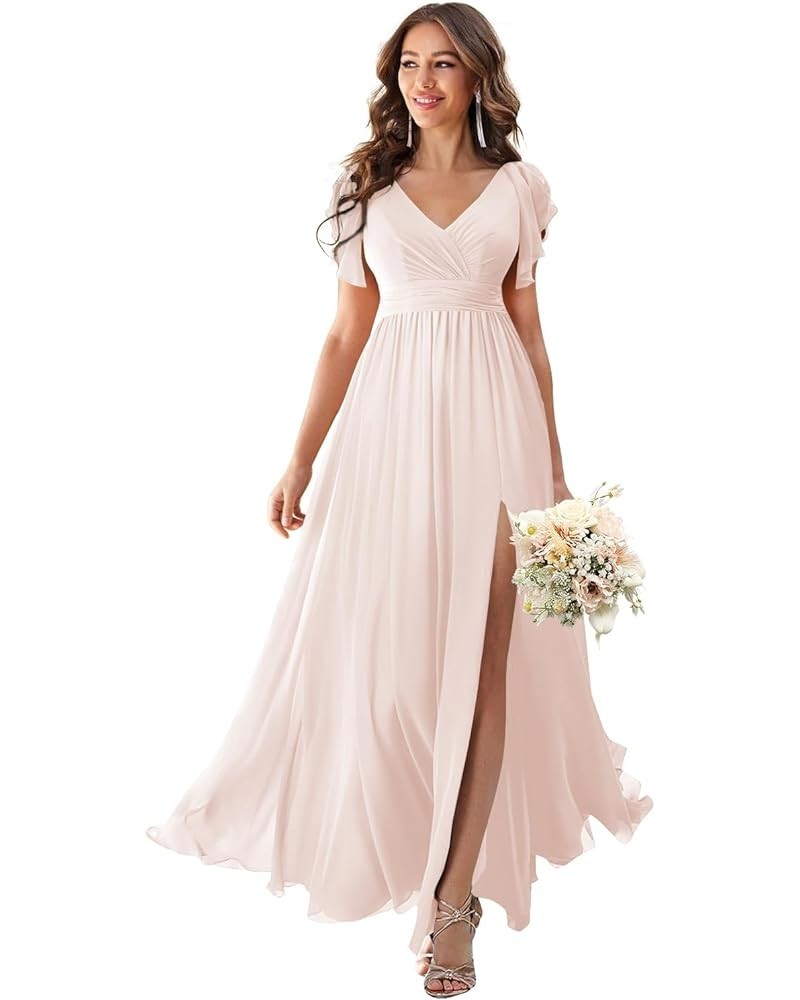 V Neck Flutter Sleeves Bridesmaid Dresses with Slit 2024 Chiffon Aline Pleats Formal Evening Gowns for Women YJ071 Blush Pink...
