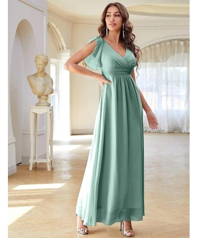 V Neck Flutter Sleeves Bridesmaid Dresses with Slit 2024 Chiffon Aline Pleats Formal Evening Gowns for Women YJ071 Blush Pink...