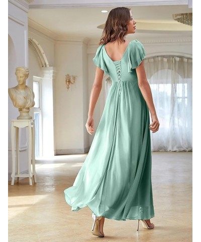 V Neck Flutter Sleeves Bridesmaid Dresses with Slit 2024 Chiffon Aline Pleats Formal Evening Gowns for Women YJ071 Blush Pink...