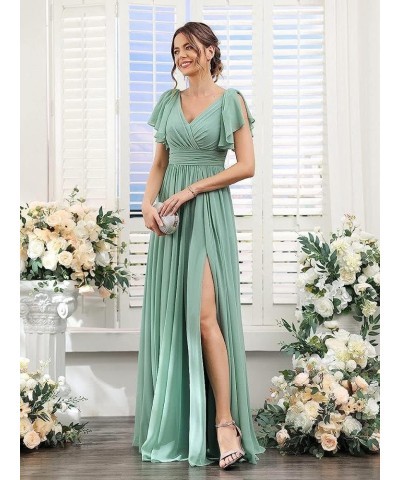 V Neck Flutter Sleeves Bridesmaid Dresses with Slit 2024 Chiffon Aline Pleats Formal Evening Gowns for Women YJ071 Blush Pink...