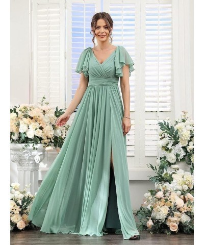 V Neck Flutter Sleeves Bridesmaid Dresses with Slit 2024 Chiffon Aline Pleats Formal Evening Gowns for Women YJ071 Blush Pink...