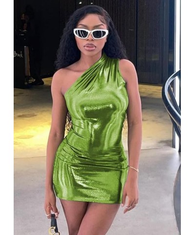 Women's One Shoulder Bodycon Mini Dress Sexy Sleeveless Metallic Dresses Ruched Party Club Dresses Green $15.53 Dresses