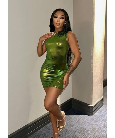 Women's One Shoulder Bodycon Mini Dress Sexy Sleeveless Metallic Dresses Ruched Party Club Dresses Green $15.53 Dresses