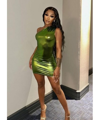 Women's One Shoulder Bodycon Mini Dress Sexy Sleeveless Metallic Dresses Ruched Party Club Dresses Green $15.53 Dresses