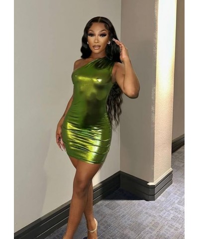 Women's One Shoulder Bodycon Mini Dress Sexy Sleeveless Metallic Dresses Ruched Party Club Dresses Green $15.53 Dresses