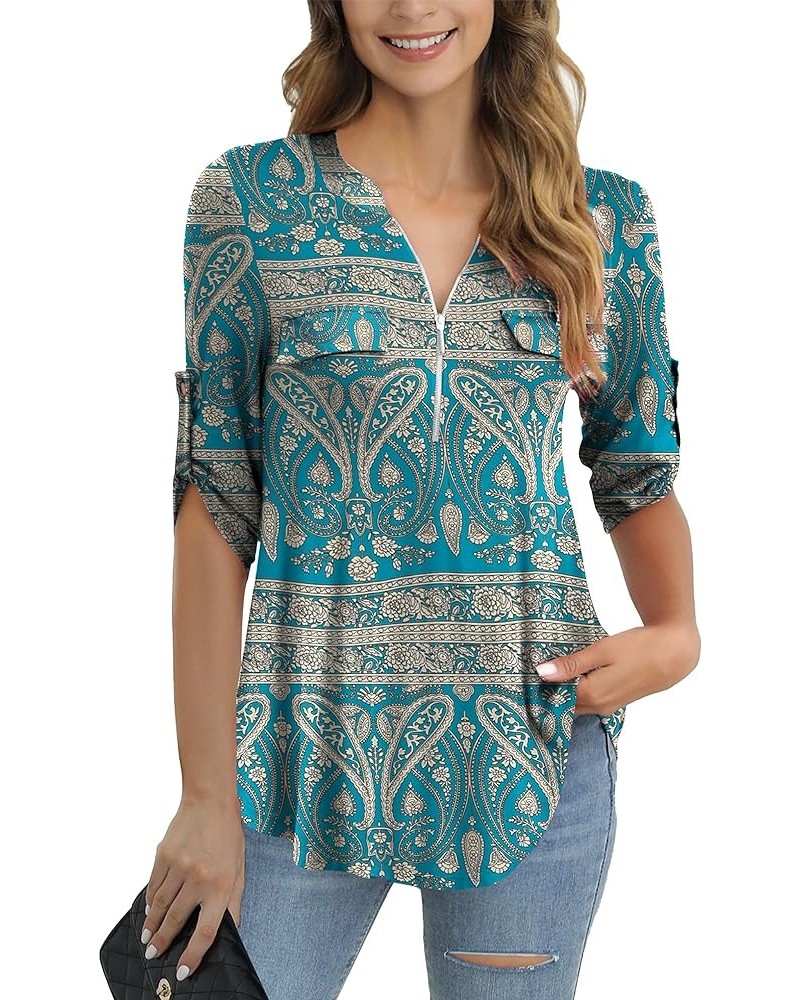 Women's Plus Size Tops 3/4 Roll Sleeve Shirts V Neck Blouses Tunic Top Z Multigreen $14.49 Tops