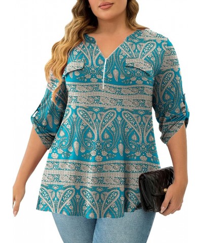 Women's Plus Size Tops 3/4 Roll Sleeve Shirts V Neck Blouses Tunic Top Z Multigreen $14.49 Tops