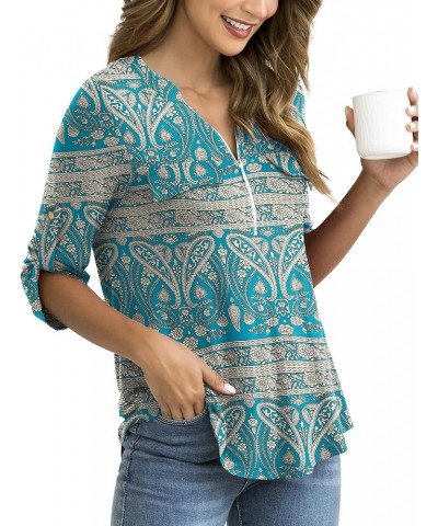 Women's Plus Size Tops 3/4 Roll Sleeve Shirts V Neck Blouses Tunic Top Z Multigreen $14.49 Tops