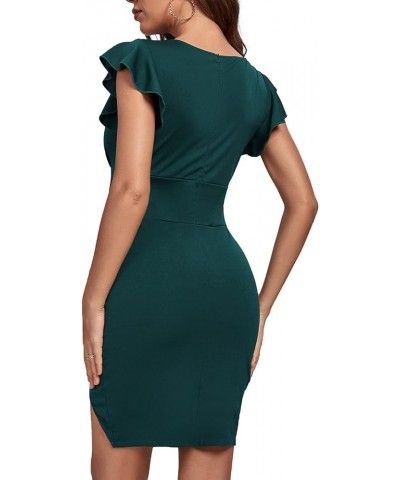 Women's Deep V Neck Ruffle Sleeve Split Hem Cocktail Pencil Bodycon Mini Dress Dark Green $16.80 Dresses