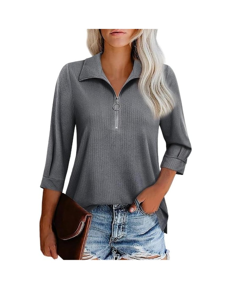 Women's Casual 3/4 Length Sleeve V Neck Blouses Zipper Collar Women Polo Shirts Tops Grey $12.04 Shirts