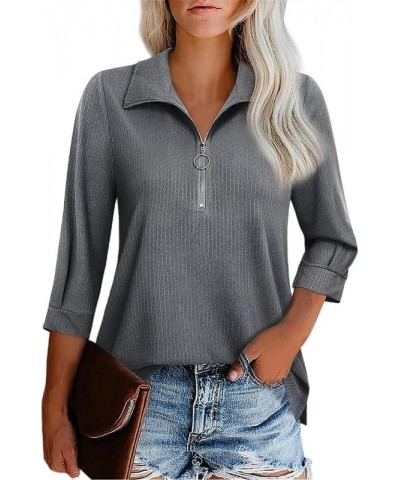 Women's Casual 3/4 Length Sleeve V Neck Blouses Zipper Collar Women Polo Shirts Tops Grey $12.04 Shirts