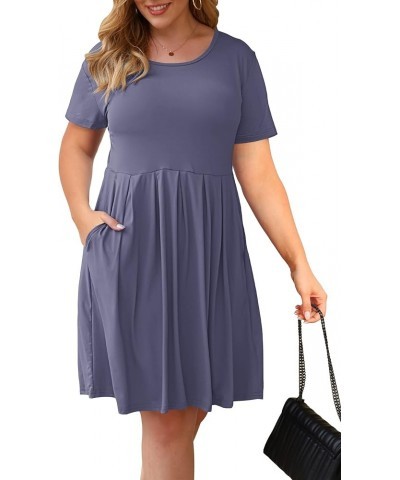 Women's Plus Size Round Neck Pleated Swing Dress with Pockets Knee Length 01-purple Gray $22.79 Dresses