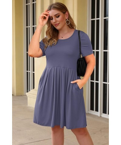 Women's Plus Size Round Neck Pleated Swing Dress with Pockets Knee Length 01-purple Gray $22.79 Dresses