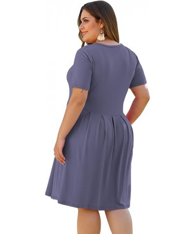 Women's Plus Size Round Neck Pleated Swing Dress with Pockets Knee Length 01-purple Gray $22.79 Dresses