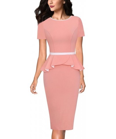 Womens Crew Neck Peplum Colorblock Work Business Office Bodycon Pencil Dress Peach With White Piping-3 $19.35 Dresses