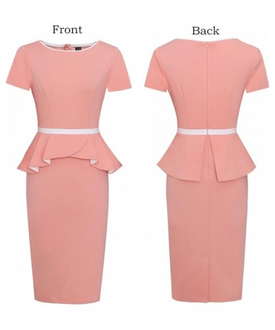 Womens Crew Neck Peplum Colorblock Work Business Office Bodycon Pencil Dress Peach With White Piping-3 $19.35 Dresses