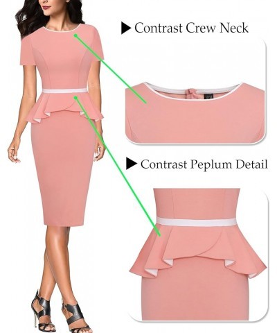 Womens Crew Neck Peplum Colorblock Work Business Office Bodycon Pencil Dress Peach With White Piping-3 $19.35 Dresses