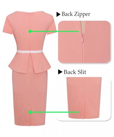 Womens Crew Neck Peplum Colorblock Work Business Office Bodycon Pencil Dress Peach With White Piping-3 $19.35 Dresses