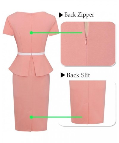 Womens Crew Neck Peplum Colorblock Work Business Office Bodycon Pencil Dress Peach With White Piping-3 $19.35 Dresses