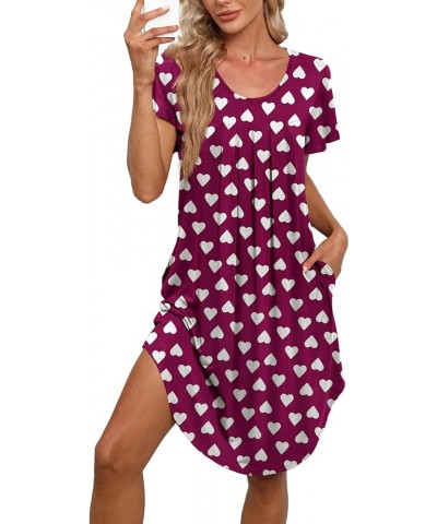 Women's Pleated Front Loose Fit Short Sleeve Nightgowns House Dress with Hand Pockets (S - 5XL) C-print - Red Heart $11.75 Sl...