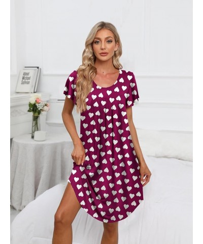 Women's Pleated Front Loose Fit Short Sleeve Nightgowns House Dress with Hand Pockets (S - 5XL) C-print - Red Heart $11.75 Sl...