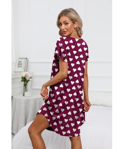 Women's Pleated Front Loose Fit Short Sleeve Nightgowns House Dress with Hand Pockets (S - 5XL) C-print - Red Heart $11.75 Sl...