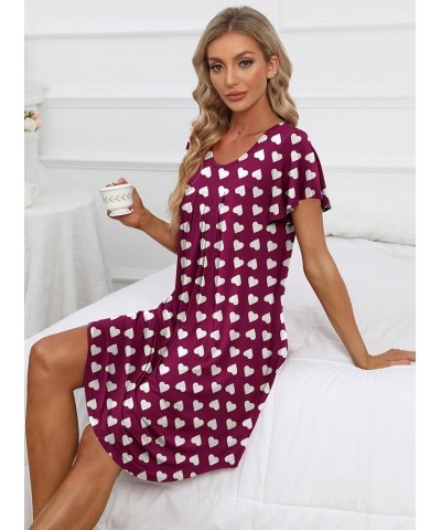 Women's Pleated Front Loose Fit Short Sleeve Nightgowns House Dress with Hand Pockets (S - 5XL) C-print - Red Heart $11.75 Sl...