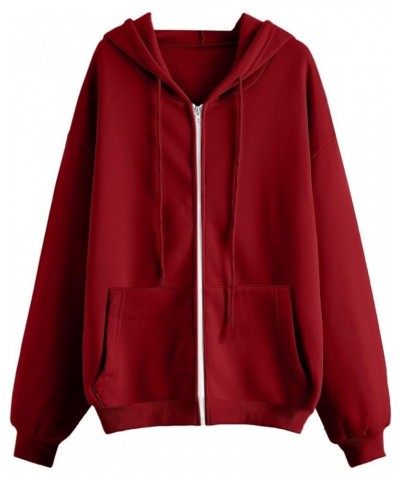 Zip Up Hoodie Women Oversized Long Sleeve Sweatshirts Teen Girl Y2K Clothes Casual Drawstring Jackets With Pockets 05 Wine $9...