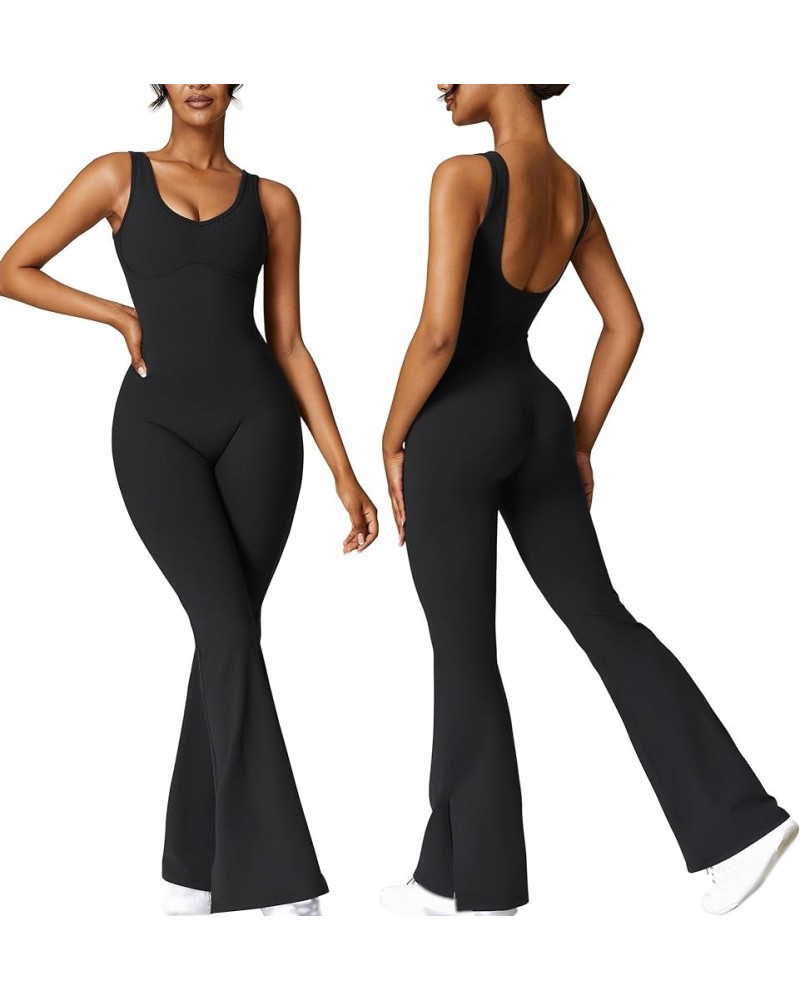 Flare Workout Jumpsuits for Women One Piece Sleeveless Wide Leg Yoga Romper Sexy Bodycon Casual Overalls Unitard Black $13.53...