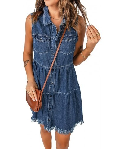 Women's Casual Summer Lapel Sleeveless Button Down Short Denim Jean Dress A Deep Cobalt Blue $22.05 Dresses