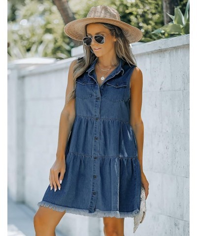 Women's Casual Summer Lapel Sleeveless Button Down Short Denim Jean Dress A Deep Cobalt Blue $22.05 Dresses