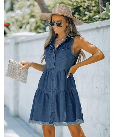 Women's Casual Summer Lapel Sleeveless Button Down Short Denim Jean Dress A Deep Cobalt Blue $22.05 Dresses