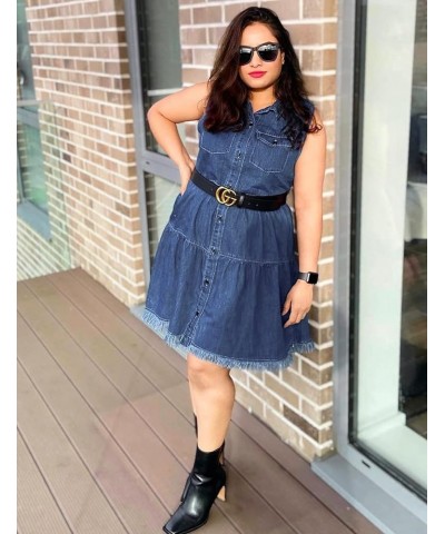 Women's Casual Summer Lapel Sleeveless Button Down Short Denim Jean Dress A Deep Cobalt Blue $22.05 Dresses