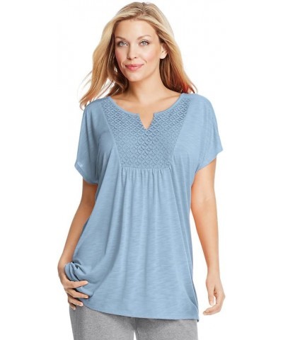 Short-Sleeve Slub-Jersey Tunic with Split V-Neck Crochet Bib Yoke (OJ248) Salty Purple $14.32 Tops