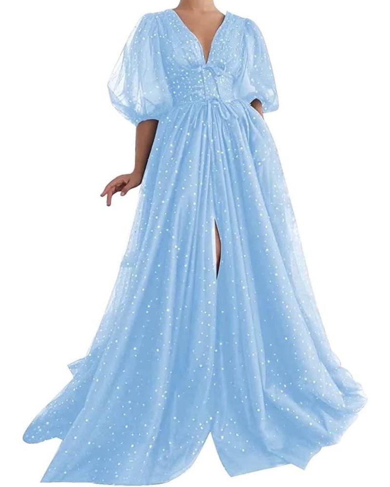 Women's Sparkle Starry Tulle Puffy Sleeve Prom Dresses Long Plus Size Formal Evening Gowns with Slit Style1-sky Blue $36.39 D...