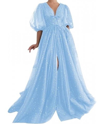 Women's Sparkle Starry Tulle Puffy Sleeve Prom Dresses Long Plus Size Formal Evening Gowns with Slit Style1-sky Blue $36.39 D...