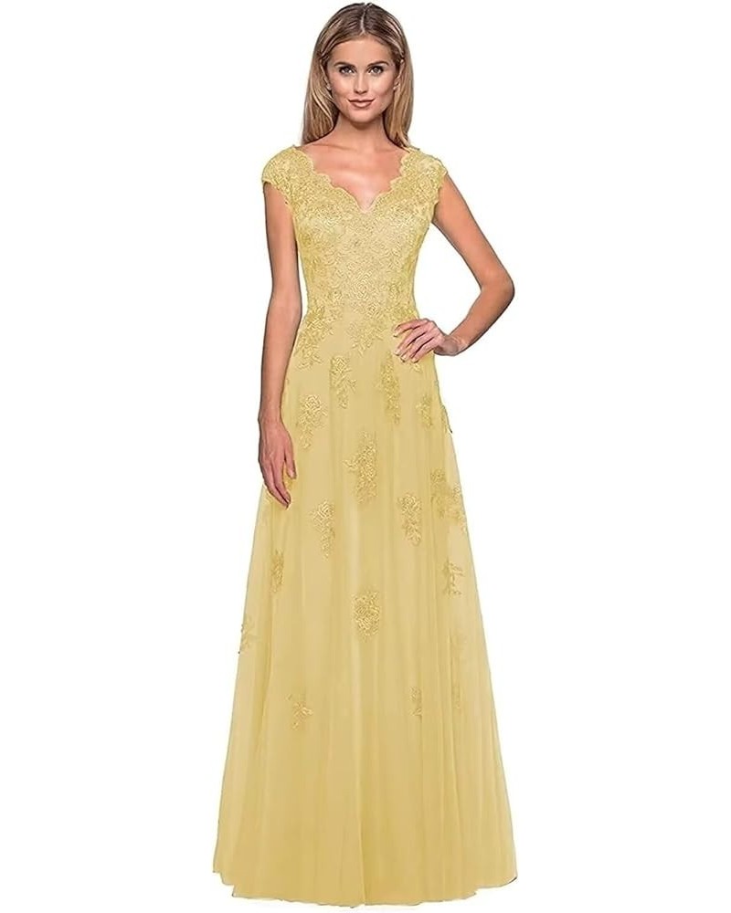 Women's Lace Appliques Mother of The Bride Dresses for Wedding V Neck Cap Sleeves Long Tulle Formal Evening Prom Dress Yellow...