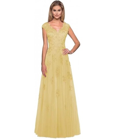 Women's Lace Appliques Mother of The Bride Dresses for Wedding V Neck Cap Sleeves Long Tulle Formal Evening Prom Dress Yellow...