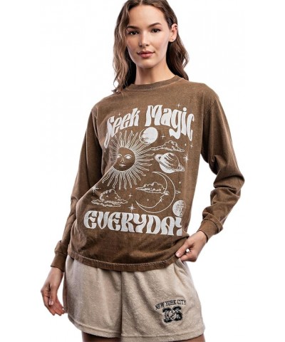 Women's Long Sleeve Cotton T-Shirt, Lightweight Crewneck Tee Brown $15.39 T-Shirts