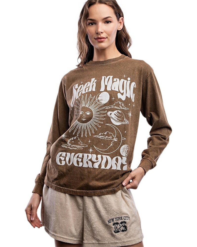 Women's Long Sleeve Cotton T-Shirt, Lightweight Crewneck Tee Brown $15.39 T-Shirts