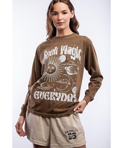 Women's Long Sleeve Cotton T-Shirt, Lightweight Crewneck Tee Brown $15.39 T-Shirts