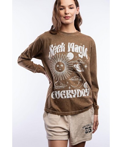 Women's Long Sleeve Cotton T-Shirt, Lightweight Crewneck Tee Brown $15.39 T-Shirts