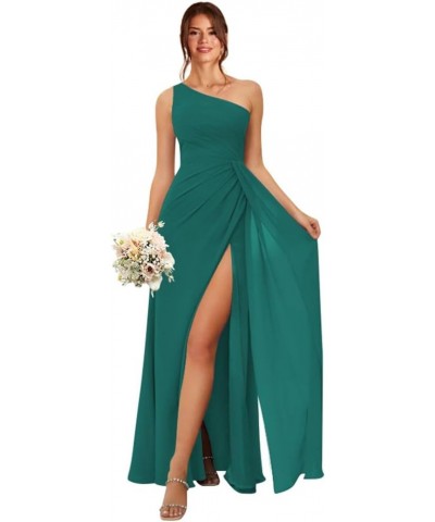 Women's One Shoulder Bridesmaid Dresses with Pockets Long Chiffon Pleated Formal Dresses with Slit Peacock $23.10 Dresses